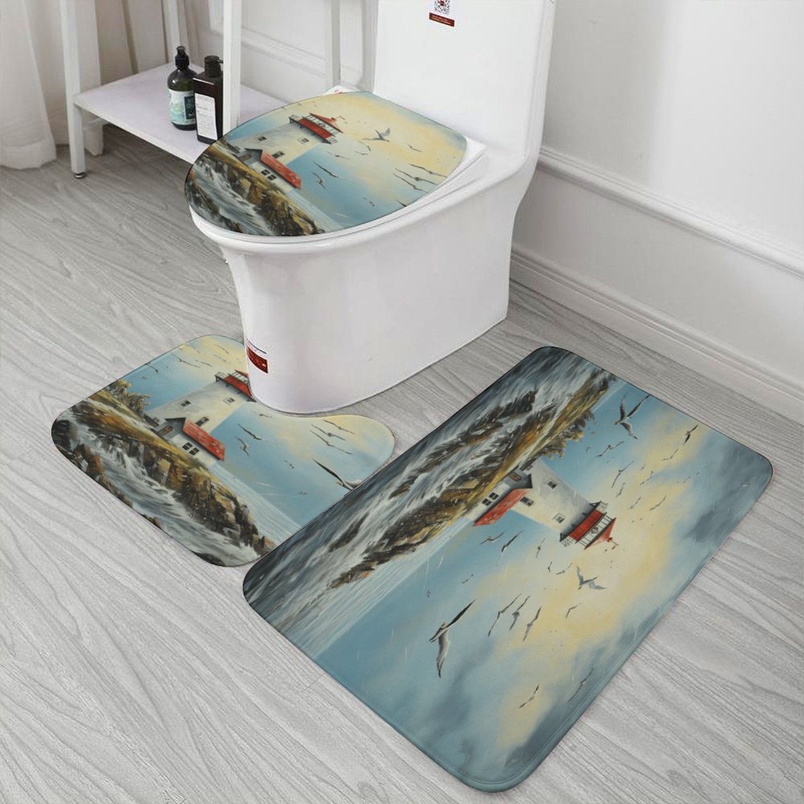 Lighthouse Coast Scenery 3 Piece Bath Rugs Mat Set, Flannel Mats, Machine Washable Carpets Mat for Bathroom Kitchen, Tub Toilet Contour Mat Lid Cover