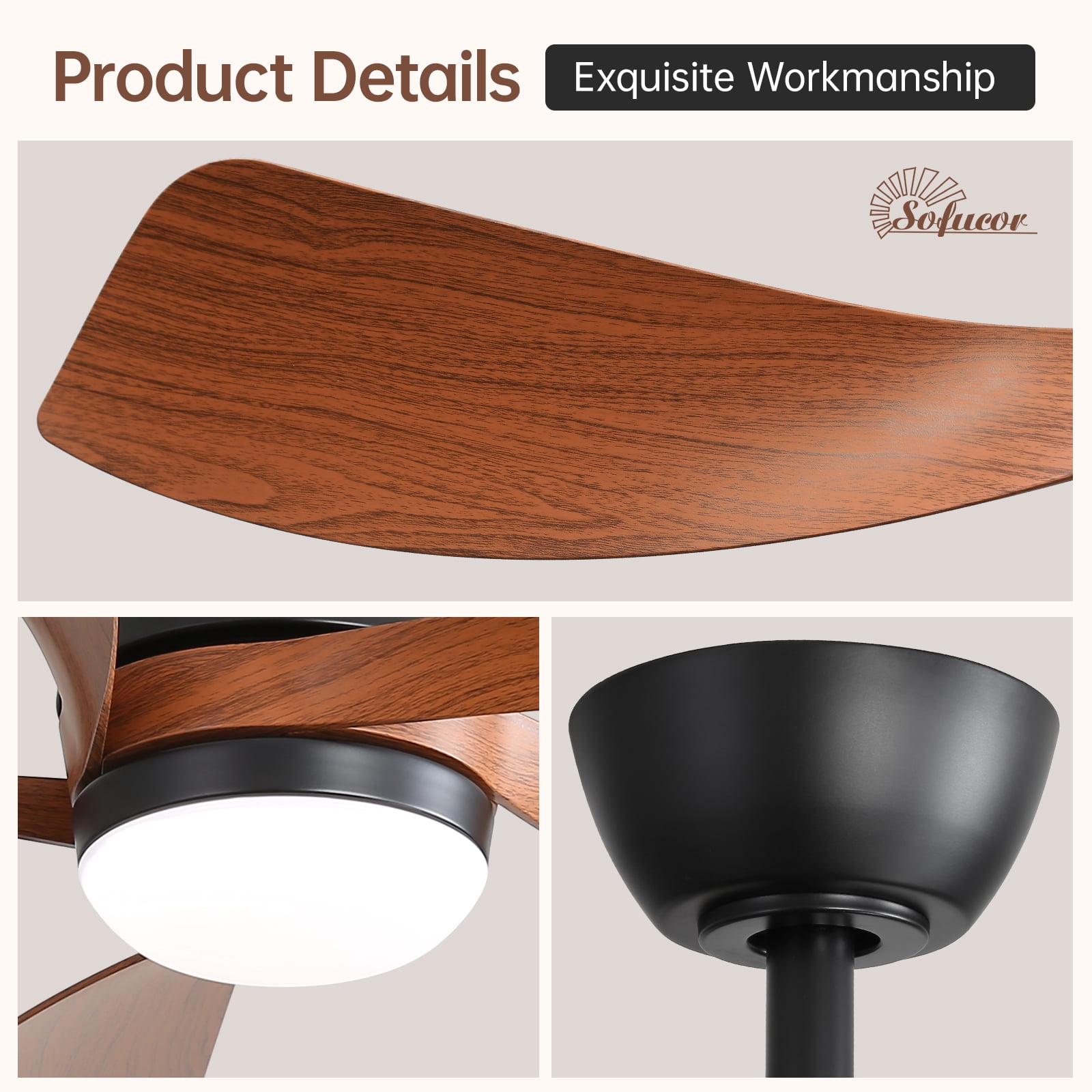 Sofucor 52 Inch Black Ceiling Fan with LED Light and Remote