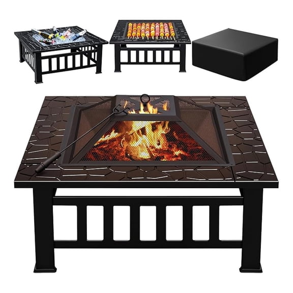 Multifunctional Patio Table, 32in Square Metal BBQ Firepit Stove Backyard Garden Fireplace with Screen Lid and Rain Cover for Camping, Outdoor Heating, and Picnic, Black