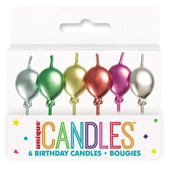 Bougies d'anniversaire en forme de ballon métallique - assorties, 6 ct