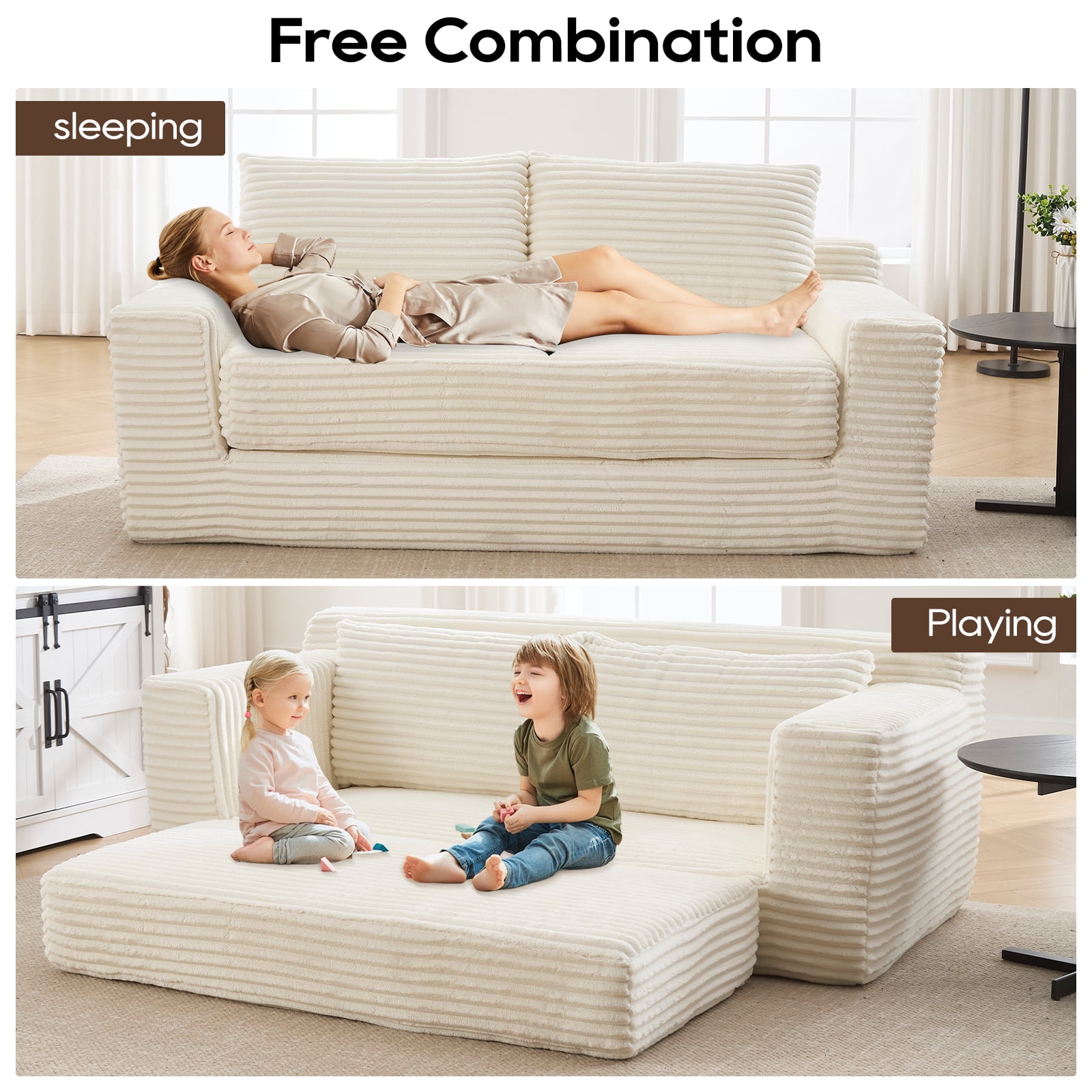 GNIXUU 70.8" Loveseat Sofa Bed Boneless Couch ,Corduroy Cloud 2 in 1 Convertible Sleeper Sofas with Fixed-Shape Frame, Comfy Deep Seat Folding Couches for Living Room, Apartment,Office,Beige