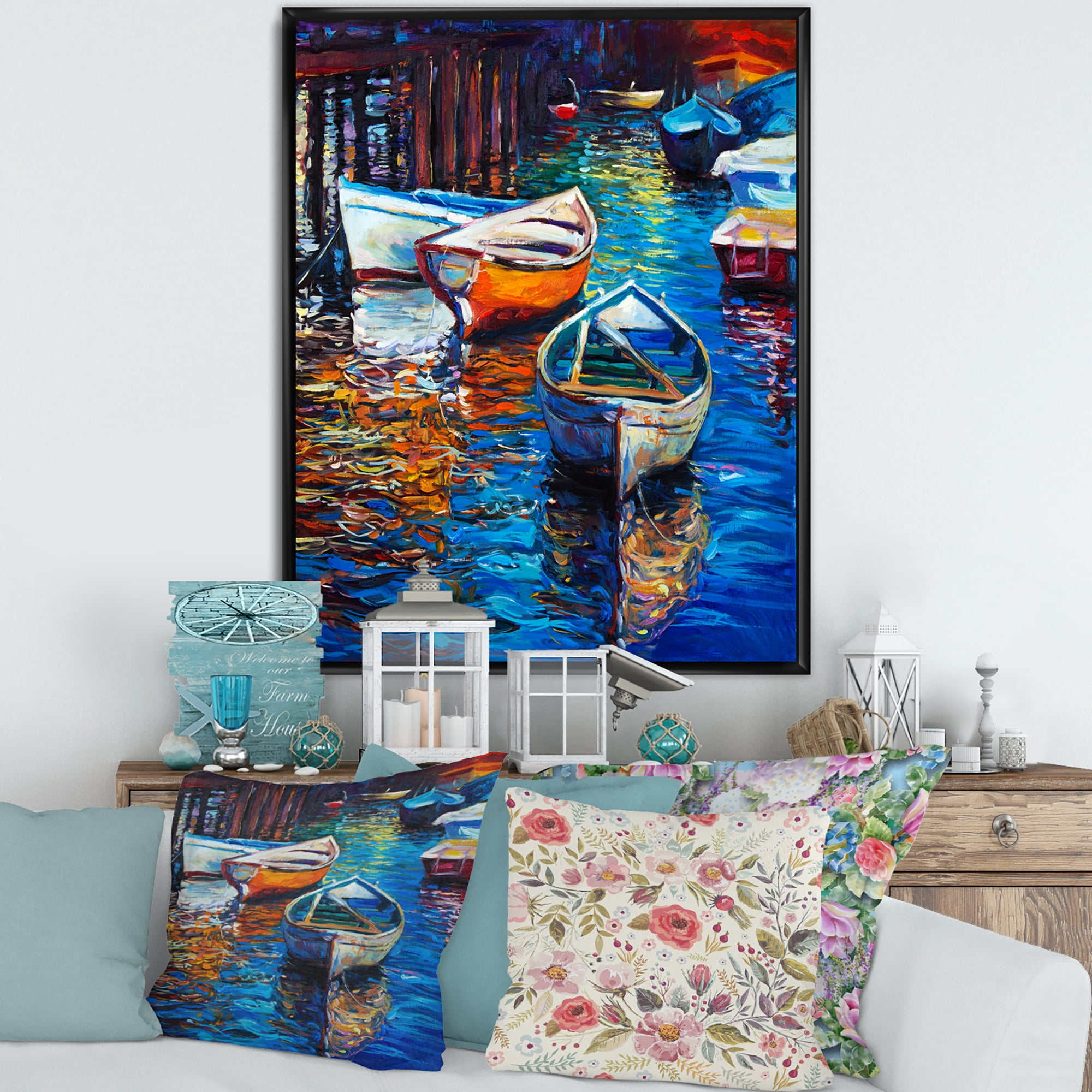 Designart 'Boats During Warm Sunset Resting On The Water X' Nautical & Coastal Framed Canvas Wall Art Print