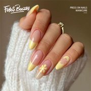 Fofosbeauty 24pcs Summer Press on False Nails Tips, Almond Fake Nails, Light Yellow French Daisy
