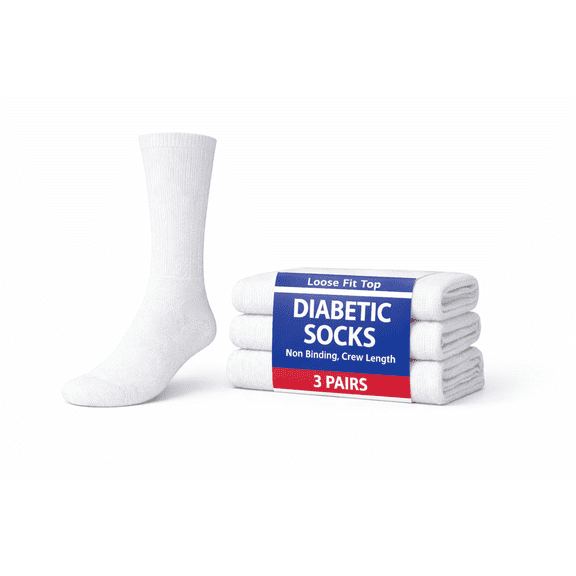 GERVRA Diabetic Socks for Men and Women – 3 Pack Non-Binding Extra Wide Top, Cotton Blend Crew Socks for Swollen Feet (10-13, White)
