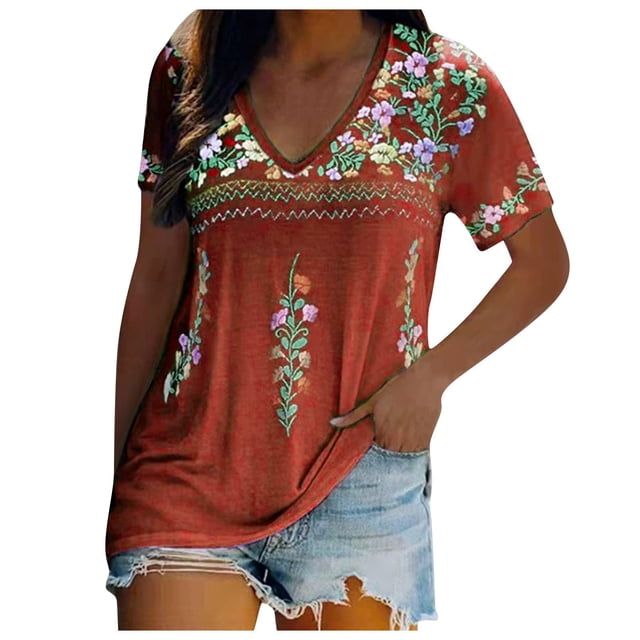Moxiu Hauts Boho à Manches Courtes pour Femmes Été T-Shirts Col en V Blouse Vintage Décontractée Style Ethnique Floral Graphique Rouge,m