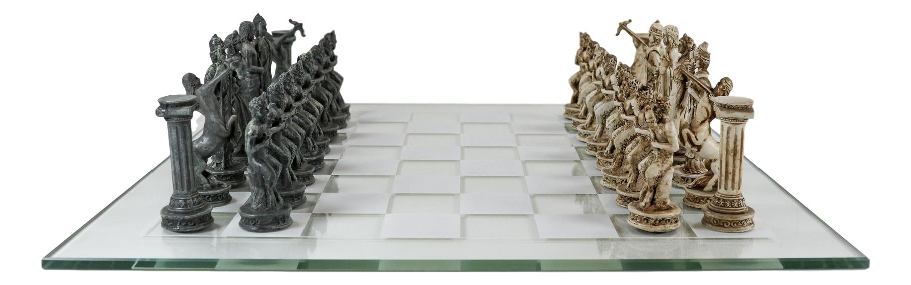 Ebros Olympus At War Greek Olympian Deities Resin Chess Pieces W/Glass Board Set