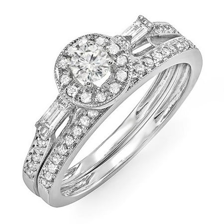Dazzlingrock Collection 0.50 Carat (ctw) 14k Round & Baguette Diamond Ladies Bridal Ring Engagement Set 1/2 CT, White Gold, Size 8.5