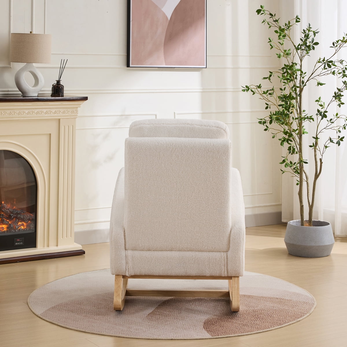 Miekor Furniture 27.2"W Rocking Chair for Nursery, Sherpa Glider Chair with High Back and Side Pocket, Rocking Accent Armchair with Rubber Wood Legs for Living Room/Bedroom.Ivory B5A9224