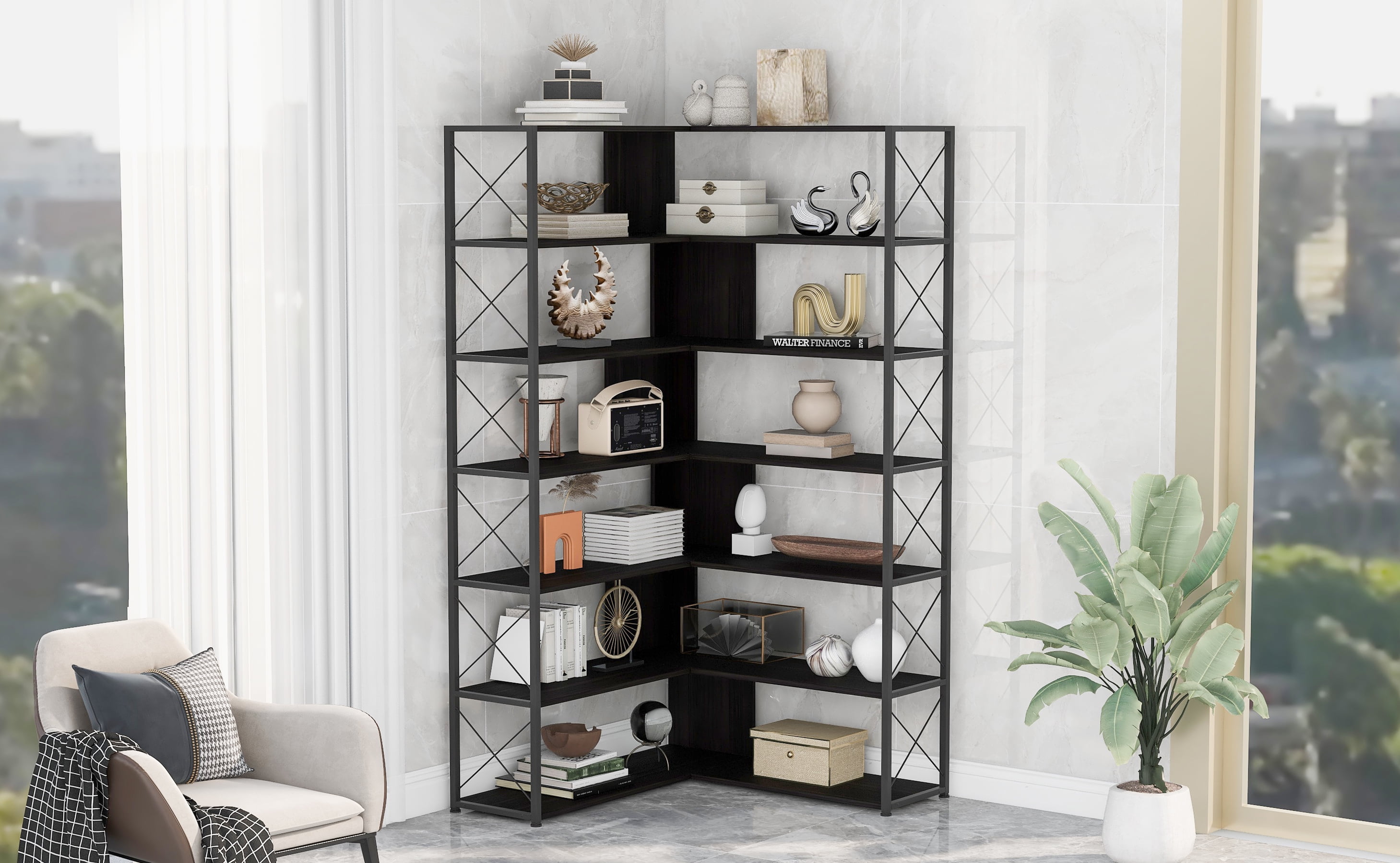 HOMISSUE Tall Bookshelf, Industrial Bookshelf With Metal Frame And Open Shelves, 6 Tier Metal Bookshelves And Bookcases, Rustic Bookcase, Tall Book Shelf For Office, Living Room And Bedroom, Black