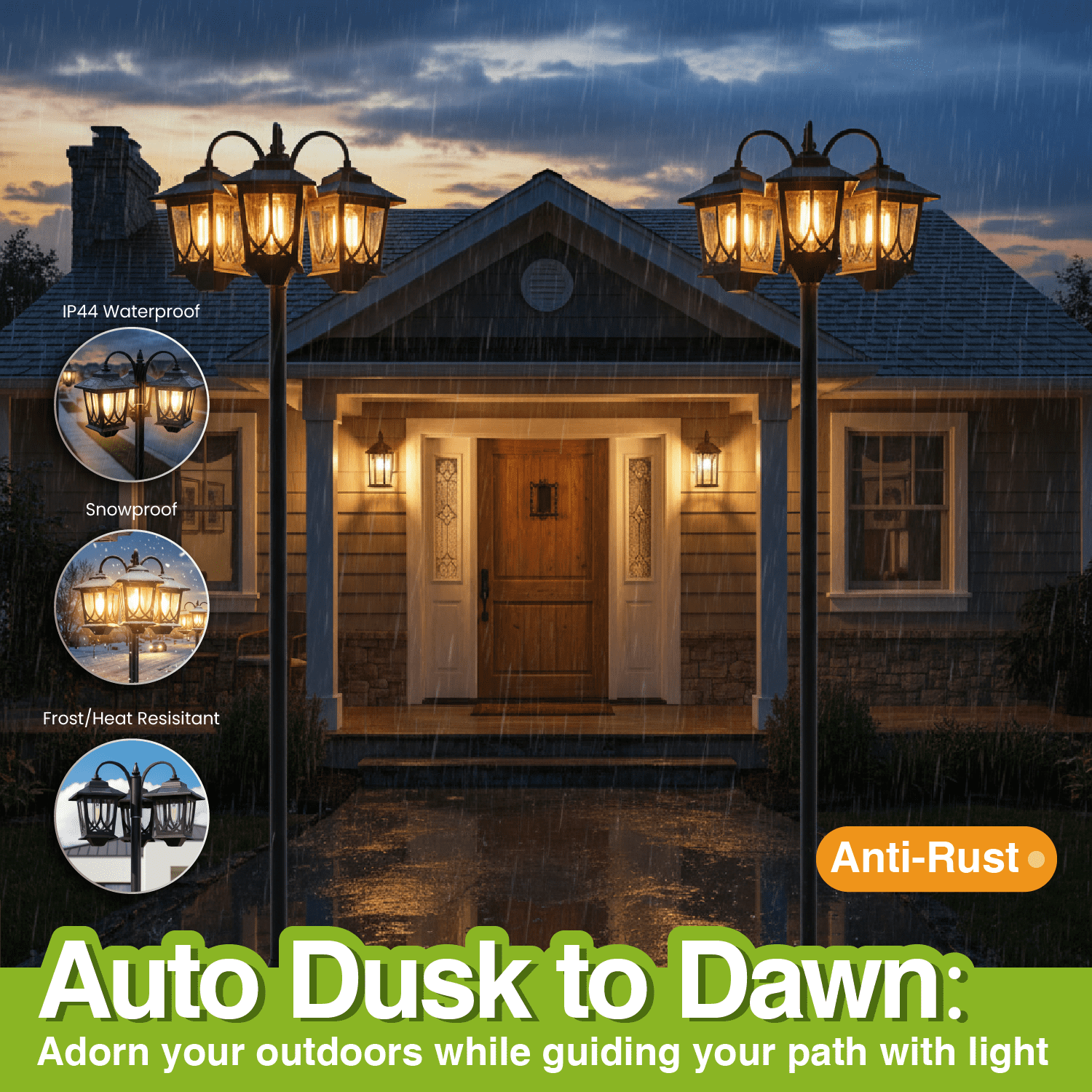 HOODINK 3-Head Solar Outdoor Lamp Post Lights, 73" 60 Lumens Solar Lights Outdoor Waterproof for Garden