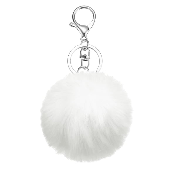 Uxcell Pom Pom Keychain, 8cm Faux Rabbit Fur Fluffy Pompoms Keyring, Soft Cute Plush Fluffy Ball Keychains for Women Purse Handbag Bag Pendant DIY Crafts, White/Silver