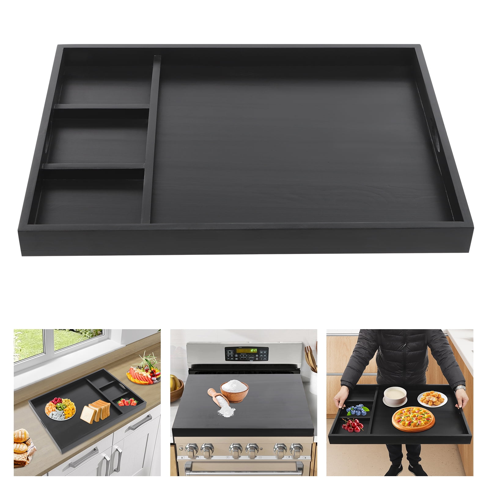 Dwellnix Pine Wood Stove Top Cover, Countertop Protector with Three Compartments, Easy-to-Clean Design for Kitchen Use & Meal Prep, Durable 66.14 lbs Load Capacity