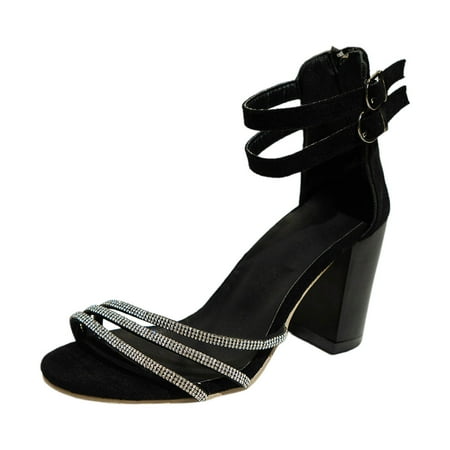 

YUHAOTIN Boho Sandals for Women Ladie Simple Rhinestone Heeled High Heeled Roman Shoes One Strap Buckle Spaghetti Strap Large Size Square Head Sandals Womens Dress Sandals Flat with Ankle Strap