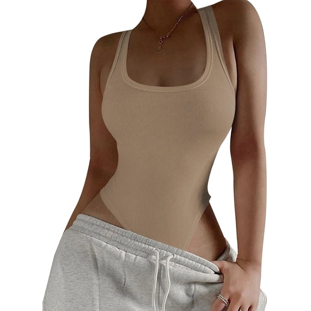 Camiseta Sin Mangas para Mujer Body Cuello en U Profundo Sin Mangas Sin Espalda Elástico Adelgazante Color Sólido Punto Camiseta Sin Mangas de Una Pieza Mono M Albaricoque