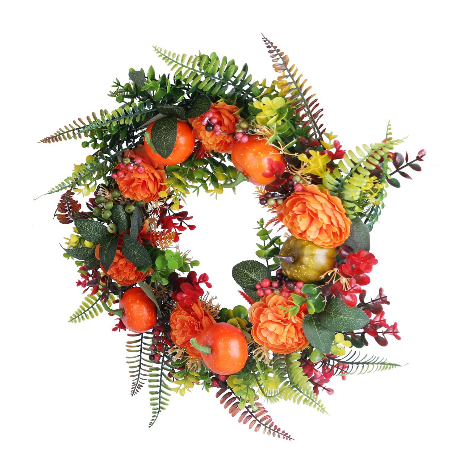 17.71 Inch Fall Artificial Wreath, PE Autumn Wreath with Pumpkins Berries and Leaves, Seasonal Hanging Ornament for Front Door Wall Window Thanksgiving Halloween Decor
