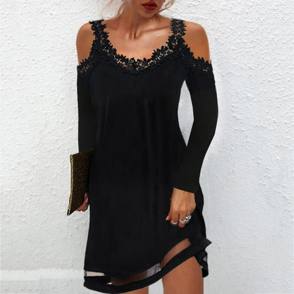 Ichuanyi Women Sexy Strapless V-Neck Above Knee Solid Lace Stitching Long Sleeve Midi Elegant Little Black Party Dresses