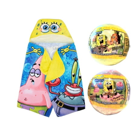 Nickelodeon SpongeBob SquarePants Kids Bath Hooded Towel with 2 Bath Bombs