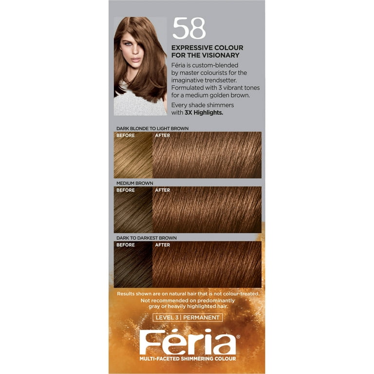 L\'Oreal Paris Feria Multi-Faceted Shimmering Permanent Hair Color, 58 Medium  Golden Brown, 1 kit