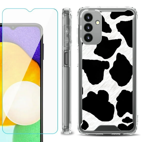 Shockproof Bumper Phone Case for Samsung Galaxy A13 5G, with Tempered Glass Screen Protector, by OneToughShield ® - Cow Skin Design