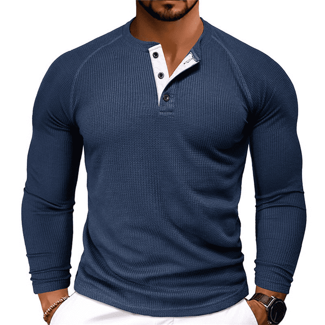 Men's Henley T-Shirt Long Sleeve Casual Button Pullover Shirts Soft Stretch Basic Waffle Tees Fall Tops Royal Blue L