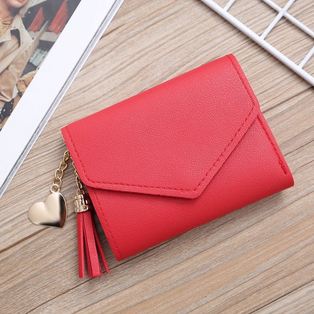 Cartera de mujer con borlas cortas de estilo coreano, tarjetero, billetera de estudiante, bolso con hebilla y colgante de amor, bolso pequeño multicolor