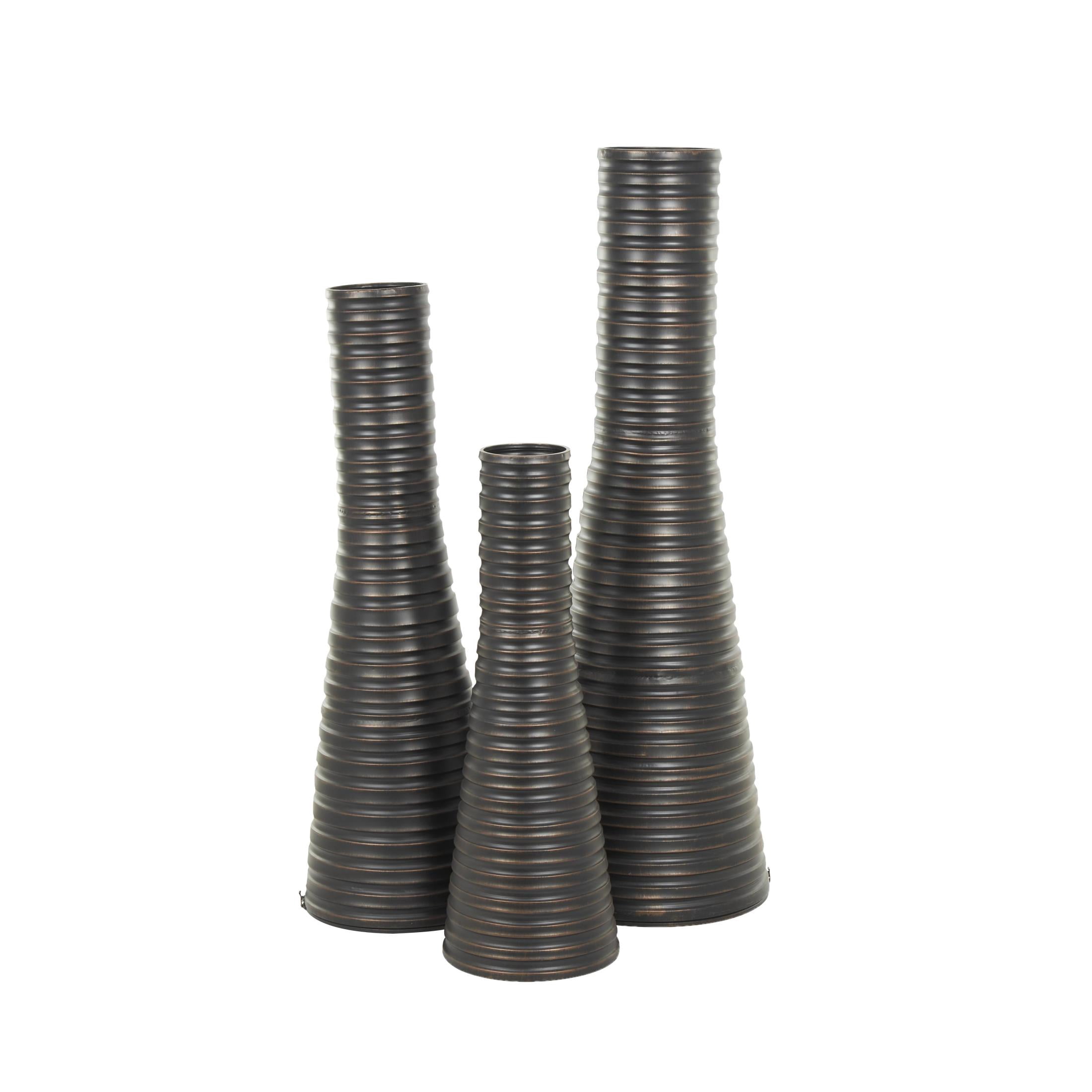 DecMode 56", 44", 34"H Ribbed Tall Cone Floor Bronze Metal Vase with Horizontal Grooves, Set of 3