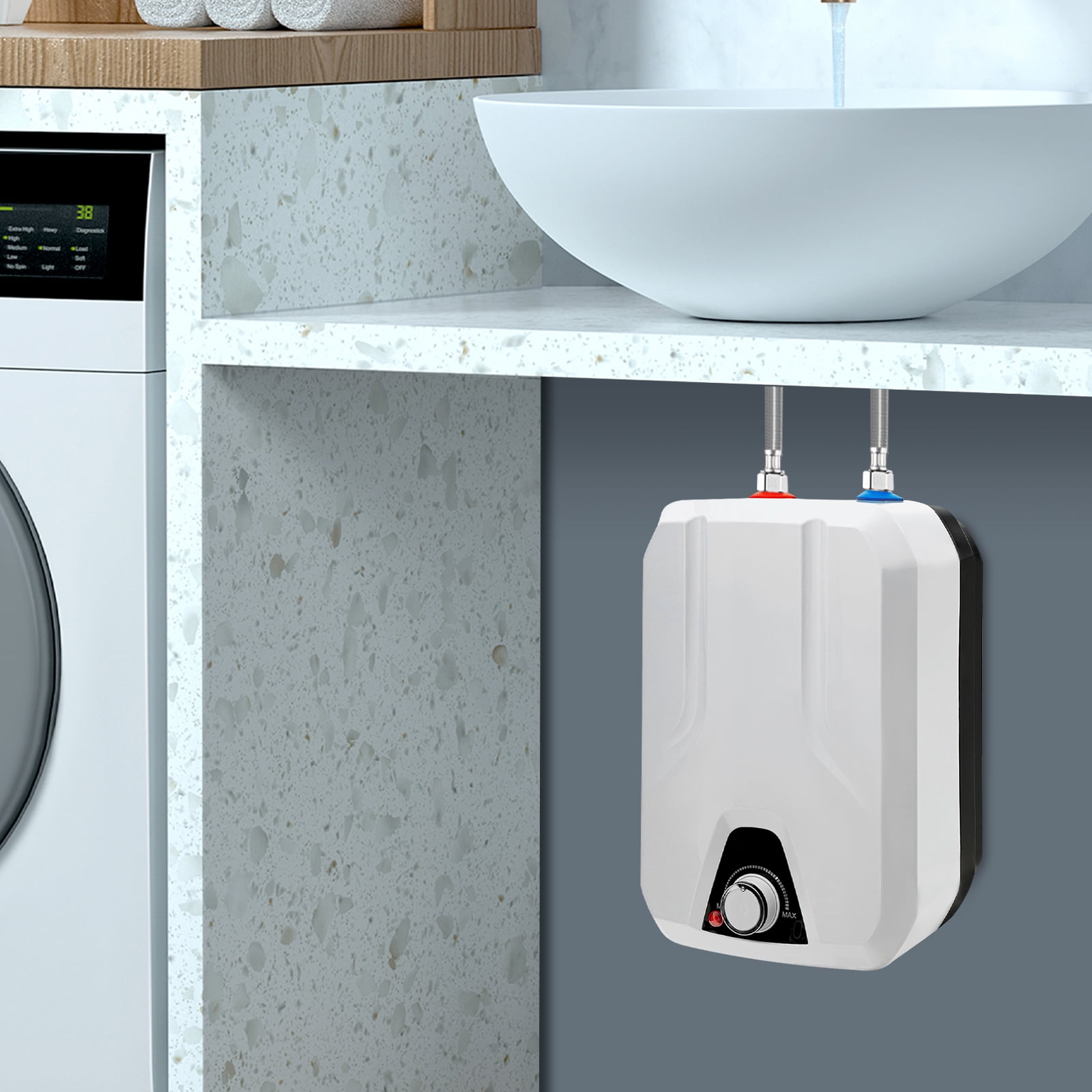 Peakora Electric Tankless Water Heater with 1.59gal Capacity 1500w Stainless Steel on Demand Hot Water 86-149°F IPX4 White 9.44*7.67*13.38in
