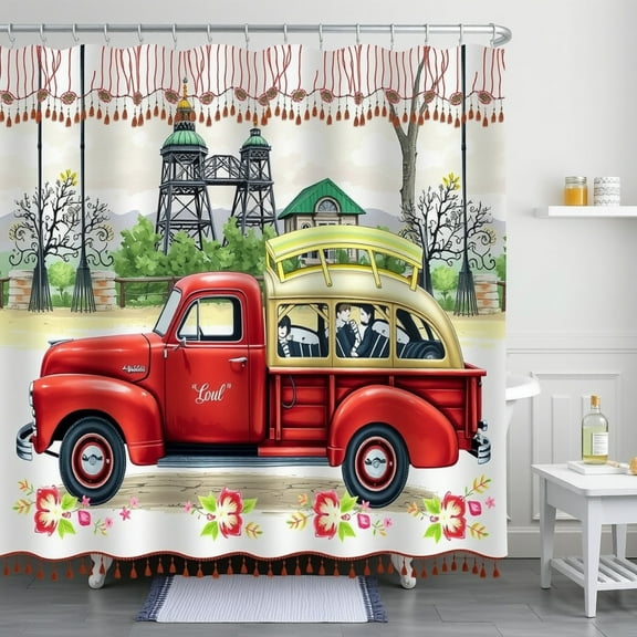 Vintage Red Pickup Truck Shower Curtain - Charming Town Scene Whimsical Design Cozy Home Decor