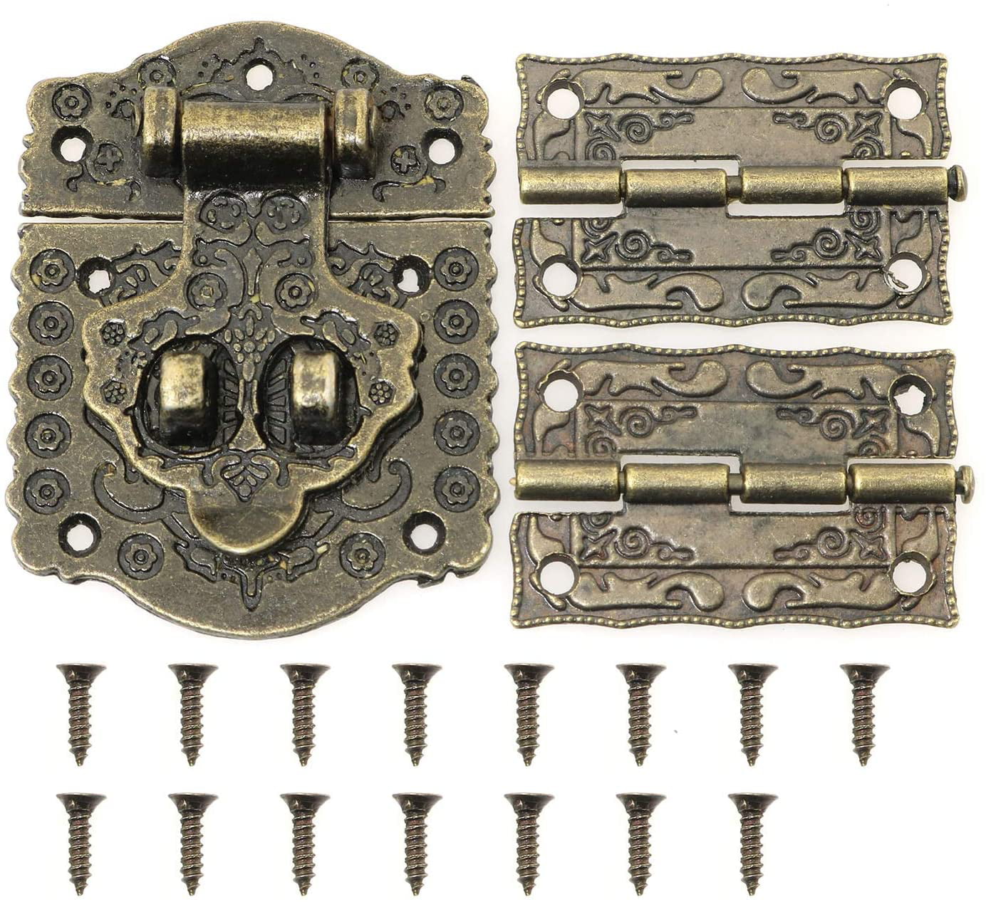 6 Pcs Latch Hasp Antique Embossing Hasp Latch Clasp Lock with Screws 2 Sizes Vintage Decorative Latches Hasp for Jewelry Box Cabinet Furniture