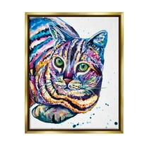 Stupell Fun Striped Rainbow Cat Portrait Animals & Insects Painting Gold Floater Framed Art Print Wall Art