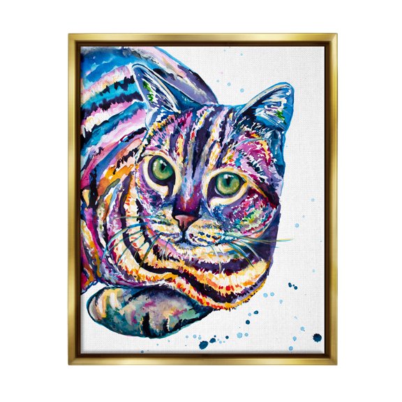 Stupell Fun Striped Rainbow Cat Portrait Animals & Insects Painting Gold Floater Framed Art Print Wall Art
