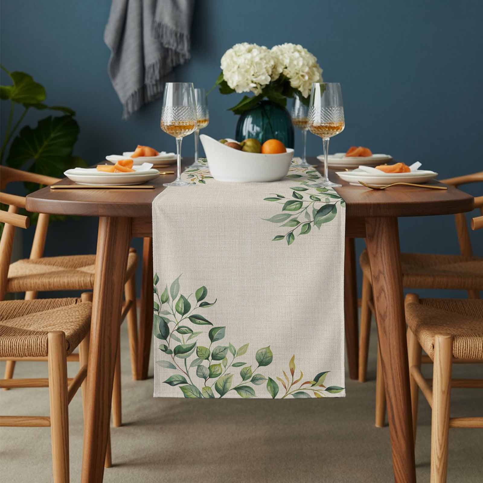 Spring Leaf Cotton Linen Table Runner Summer Floral Countryside Linen Dining Table Runners for Home Decor Party Dining Room Restaurant Kitchen 13" x 90"