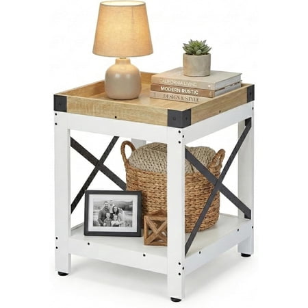ZEXVIDA Farmhouse Square Side Table with 2-Tier Storage Shelf Large End Table Modern Sofa Table with X-Metal Frame Coffee Table Nightstand for Living Room Bedroom Office,Small Spaces Oak