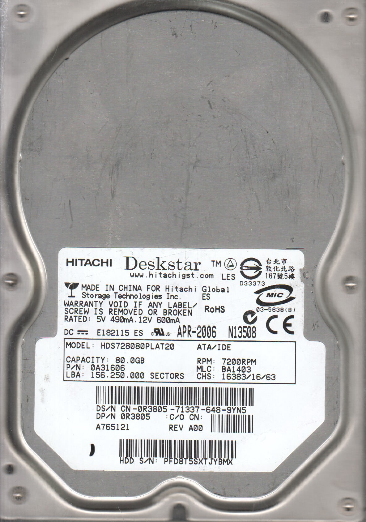 HTS725050A7E630, PN 0J26195, MLC DA4873, Hitachi 500GB SATA 2.5