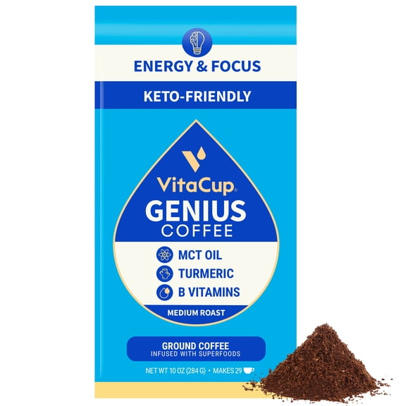 VitaCup Genius Blend Ground Coffee with MCT Oil, Turmeric, & B Vitamins, Medium Roast, 10 oz Bag