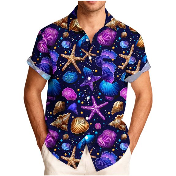 MELDVDIB Mens Summer Vacation Shirts Button-Up Turn-Down Collar Short Sleeve Tops Fashion Casual Tropical Floral Printed Beach Shirts