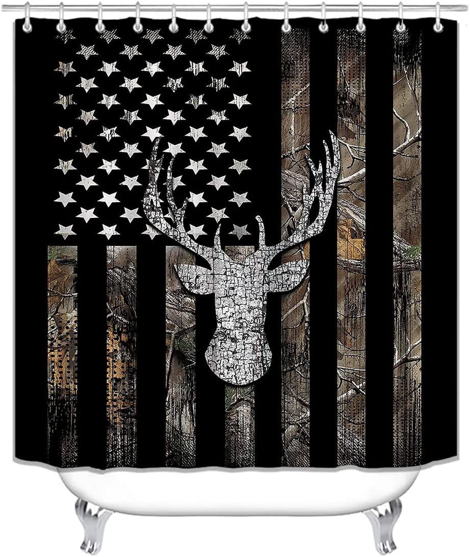 4PCS Camo Shower Curtain Set, Vintage Black and White American Flag Woodland Elk Moose Bear Wildlife Animal Hunting Lodge Rustic Cabin Country Bathroom Decor, Non-slip Bath Mat, Deer Head