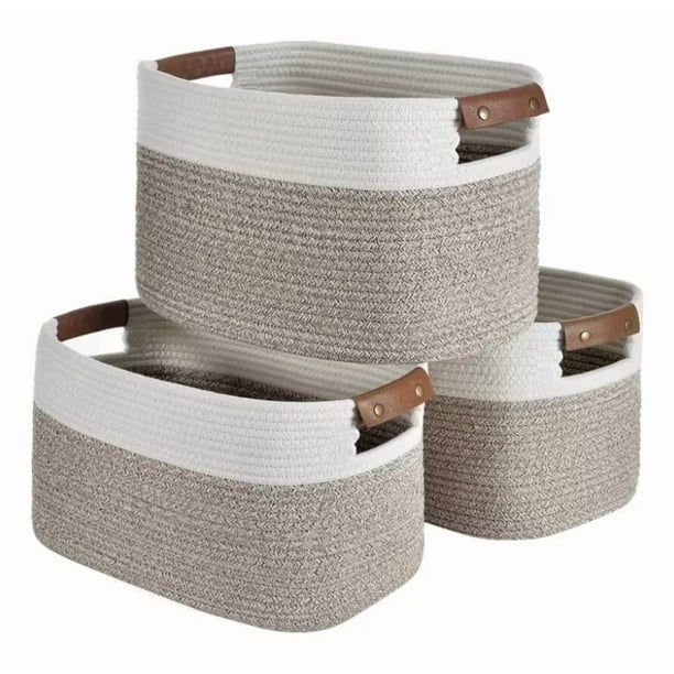 Juego de 3 Cestas de Almacenamiento Tejidas con Cuerda de Algodón en Forma de Cubo, Ideales para Organizar Estanterías y Armarios - Decorativas y con Asas de Cuero Desmontables (3 Pcs)