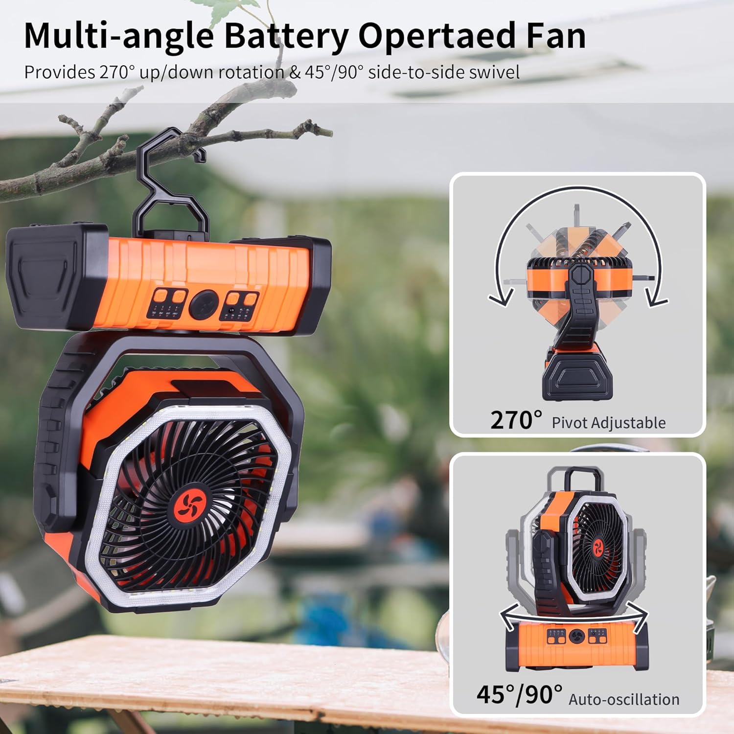 Portable Fan Rechargeable, 20000mAh Cordless Battery Powered Camping Fan with LED Light & Remote, 4 Speeds Wind, Timer, USB C, 360 Hanging Hook, Oscillating Fans for Travel Tent, Camping Essentials