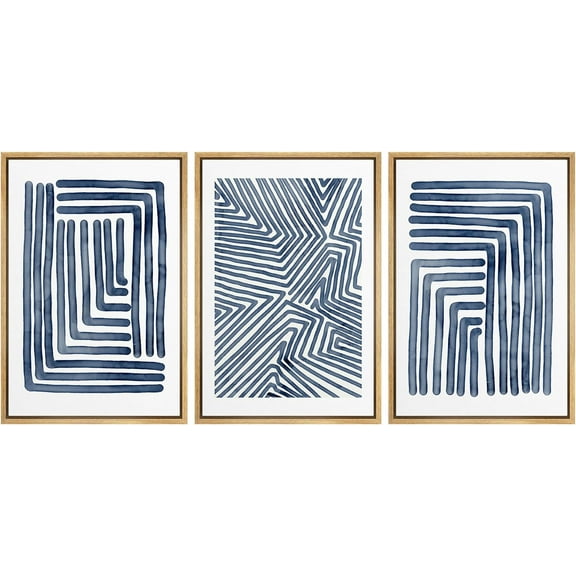 Wall26 Framed Prints Canvas Wall Art Set of 3 Navy Blue Stripe Polygon Pattern Collage Abstract Geometric Illustrations Decorative Bohemian Multicolor Home Wall Decora - Natural 24"x36"x3