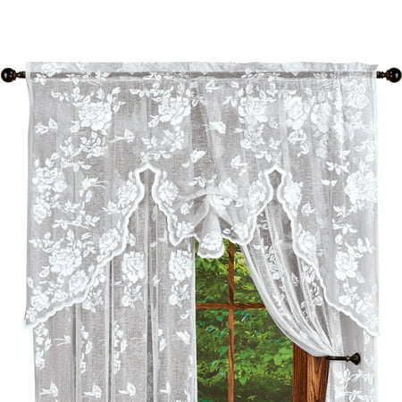 Floral Scallop - Elegant Rose Lace Window Curtain Topper with Scalloped Edges and Tie-Up Center - Floral Décor for Living Room, White