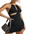 thumbnail image 4 of Femmes Sexy Licol Cou Mini Robe d'Été Sans Manches Cravate Dos Solide Couper une Ligne Robes Courtes Club Partie Porter, 4 of 7