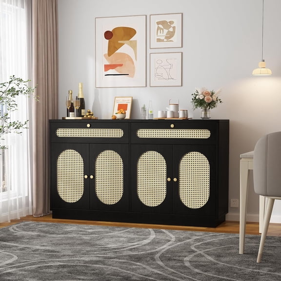 Acekid 60Inch Rattan Sideboard,Sideboard Cabinet with 2 Drawers and 4 Rattan Doors,Buffet Cabinet with Adjustable Shelves for Living Room,Black