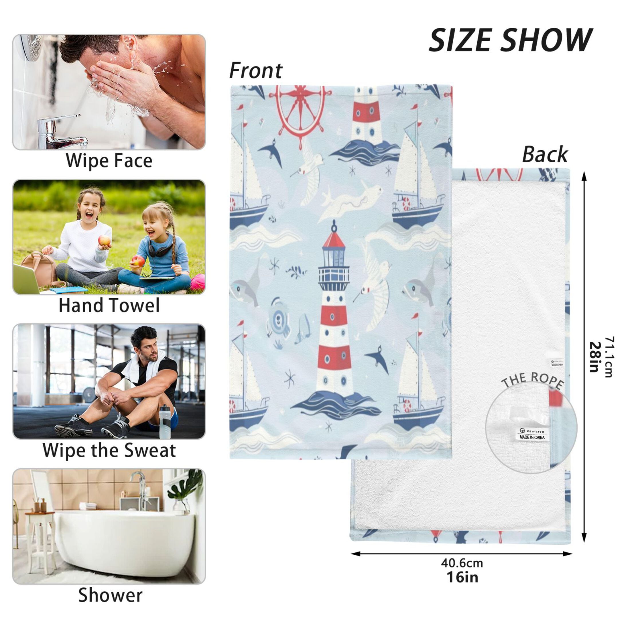 Cotton Towel Two-Piece 16x28 Inch One Sizex2 Face Towel Set Towel Set Cotton Hand Bath Towel Bathroom Beach Cartoon Red Lighthouse