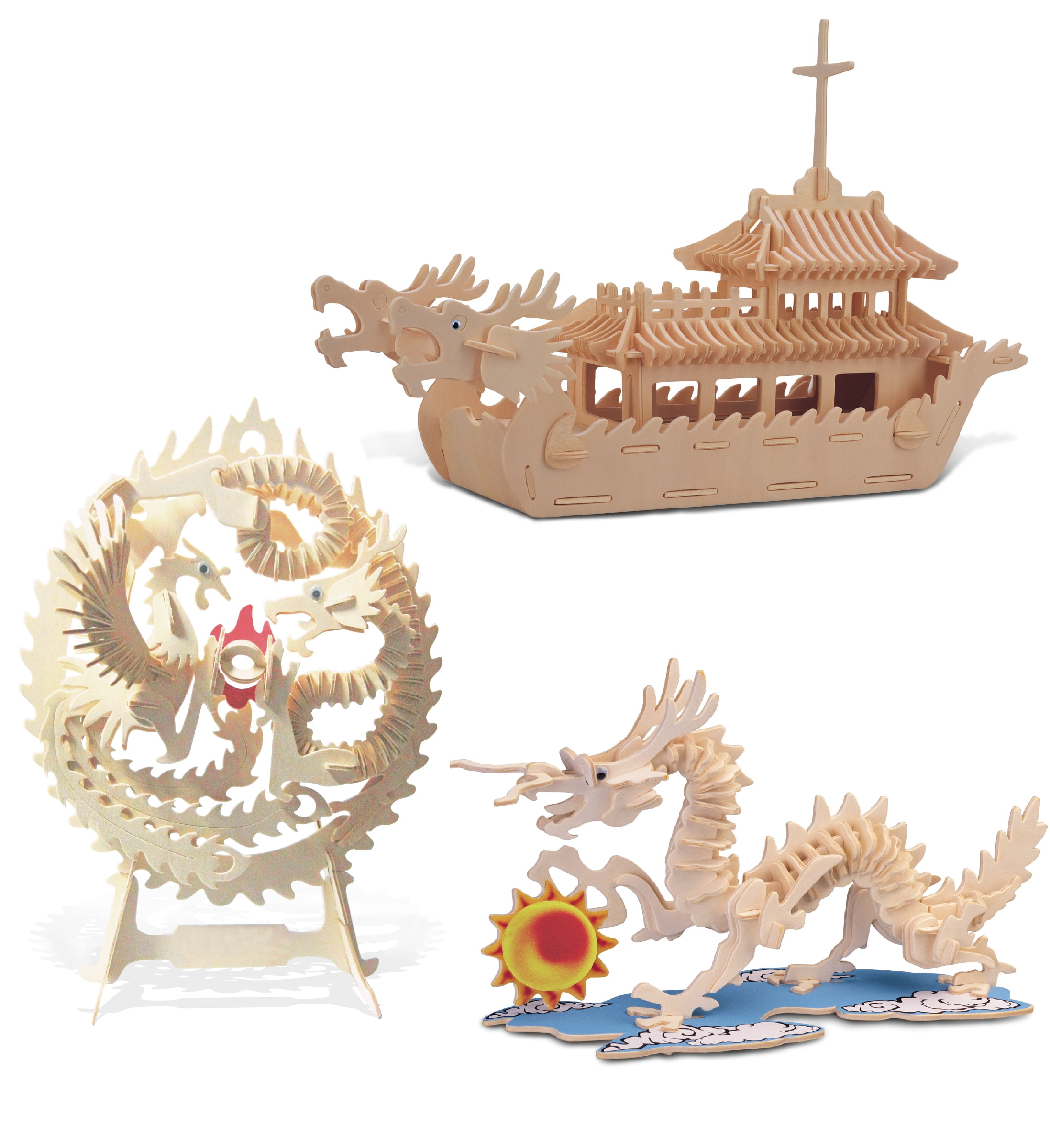 Puzzled Bundle of Angel Fish 3 Pack Dolphin & Turtle Wooden 3D Puzzle Kits 