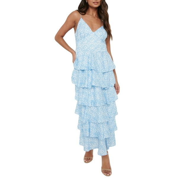 Lucakuins - Vestido largo para mujer, con estampado floral, cuello en V, con volantes escalonados, sin mangas, camisola para ropa de calle Lucakuins moda