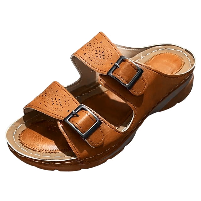 asddcavvf Women Summer Solid Color Buckle Strap Casual Open Toe Wedges Soft Bottom Breathable Slippe