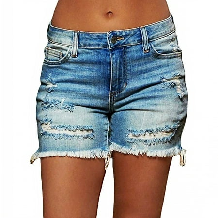 Askfv Holes Style Women Ripped Jeans Shorts High Stretchy Hem Short for Womens Shorts S-3XL