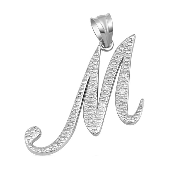 .925 Sterling Silver Cursive Letter Script "M" CZ Initial Pendant Necklace with 18" Chain