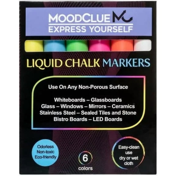 MoodClue Liquid Chalk Markers, 6 Neon Colors, Reversible Tip, Wet or Dry Erase, Washable, Non-Toxic, for Glass, Windows, Mirrors, Whiteboards